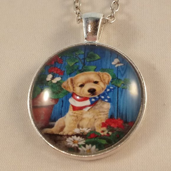 Silver Puppy Dog Flag Scarf Daisy Flower Cabochon Pendant Necklace 20" Gift - Picture 1 of 3